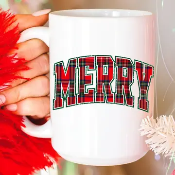 White ceramic Christmas mug with red green plaid MERRY letters