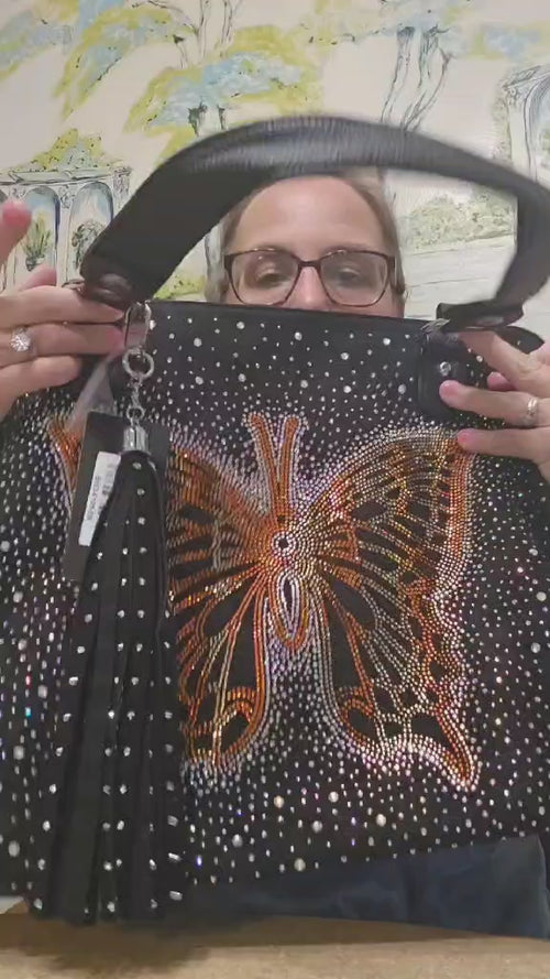 Glowing Orange Butterfly Rhinestone Shoulder Bag - Black Vegan Leather & Velvet