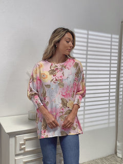 Double Take Floral Round Neck Three-Quarter Sleeve Top
