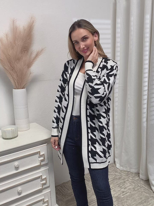 Mandy Woven Right Houndstooth Open Front Longline Cardigan