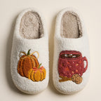 Pumpkin and brewed cup fuzzy slippers front view