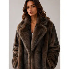 Coffee Sag Harbor plush faux fur lapel detail