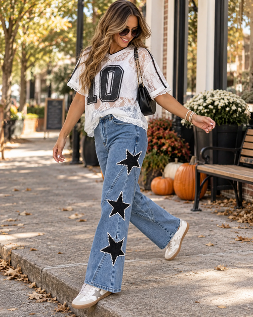 Sideline Star Jeans styled with a lace top for an autumn stroll