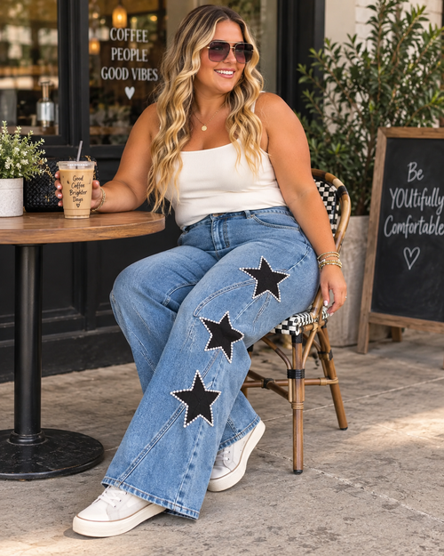 Sideline Star Jeans styled at a coffee shop with a casual white tank