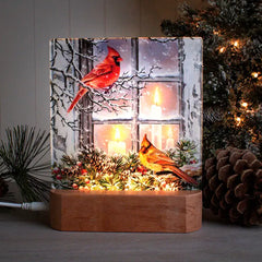 Warm white LEDs illuminating Together for Christmas cardinal nightlight near Christmas decor