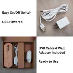 Included USB cable, power adapter, wood base and on off switch for Together for Christmas nightlight