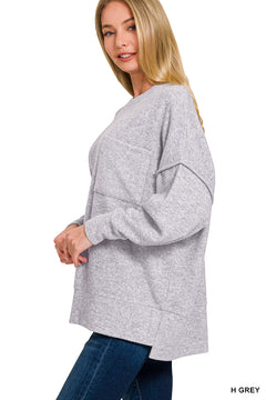 Zenana cloud-soft oversized pocket sweater in Heather Grey, side view