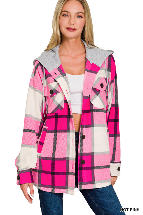 Zenana plaid hooded fleece shacket in Hot Pink, front view