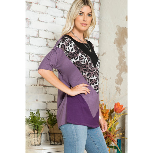 3/4 Sleeve Animal and Solid Colorblock Top