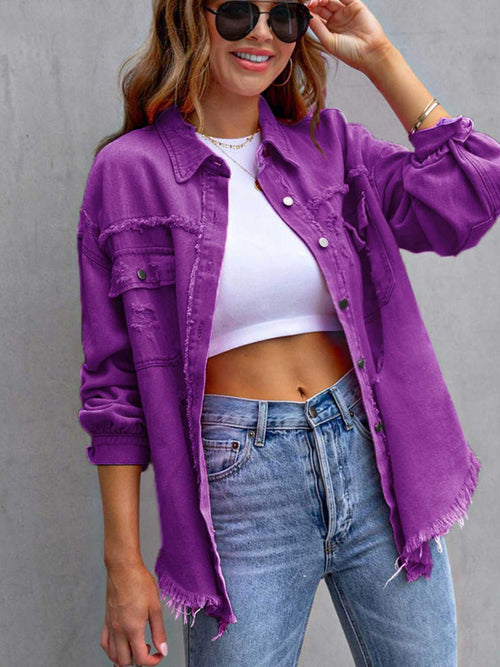 Get Ready to Rock: Distressed Drop Shoulder Denim Jacket in 8 Spring Colors!