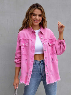 Get Ready to Rock: Distressed Drop Shoulder Denim Jacket in 8 Spring Colors!