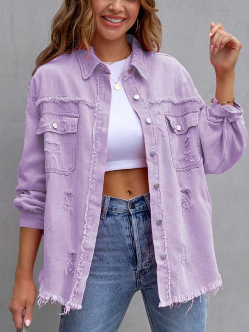 Get Ready to Rock: Distressed Drop Shoulder Denim Jacket in 8 Spring Colors!