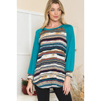 Striped Raglan Bishop Sleeve Detailed Top