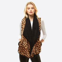 Sherpa Lined Leopard Print Vest Featuring Pockets