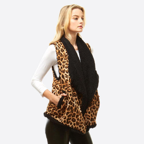 Sherpa Lined Leopard Print Vest Featuring Pockets