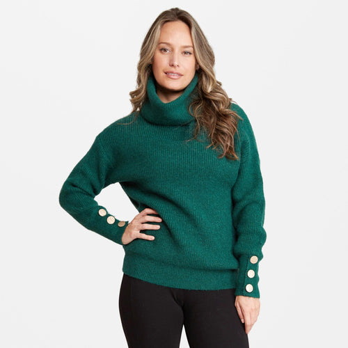Women's Knit Turtleneck Sweater Featuring Hammered Gold Button Sleeve Details - Women's Sweater - Sweater Weather