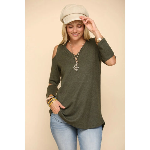 Plus Size Women's Cut Out V-Neck Olive Top - Plus Size - Women's Long Sleeve Tops