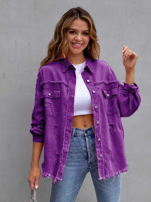 Get Ready to Rock: Distressed Drop Shoulder Denim Jacket in 8 Spring Colors!