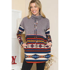 Mocha Aztec Contrast Relaxed Turtleneck String Top - Women's Tops - Turtleneck - Aztec Print