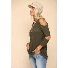 Plus Size Women's Cut Out V-Neck Olive Top - Plus Size - Women's Long Sleeve Tops