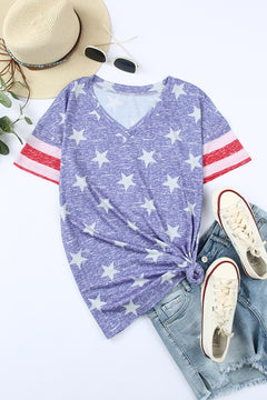 Casual Striped Sleeve Star Print Color Block V Neck T Shirt - Patriotic Top - V-Neck Top - Women's Tops