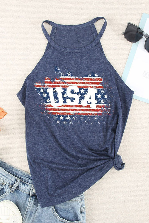 Dark Blue Causal Letter National Flag Print Graphic Tank top