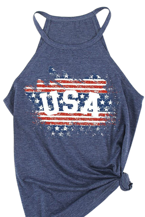 Dark Blue Causal Letter National Flag Print Graphic Tank top