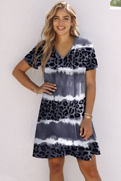 Grey Leopard Tie Dye Color Block V-Neck T-Shirt Dress