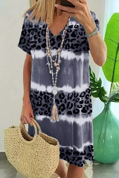 Grey Leopard Tie Dye Color Block V-Neck T-Shirt Dress