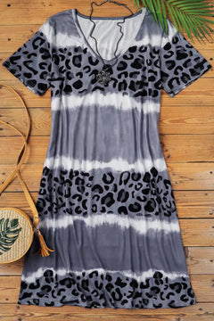 Grey Leopard Tie Dye Color Block V-Neck T-Shirt Dress