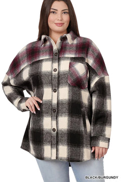 Zenana Oversized Color Block Plaid Longline Shacket With Pockets - Women's Shacket - Shirt Jacket - Flannel Plaid