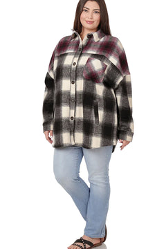 Zenana Oversized Color Block Plaid Longline Shacket With Pockets - Women's Shacket - Shirt Jacket - Flannel Plaid