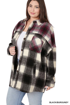 Zenana Oversized Color Block Plaid Longline Shacket With Pockets - Women's Shacket - Shirt Jacket - Flannel Plaid