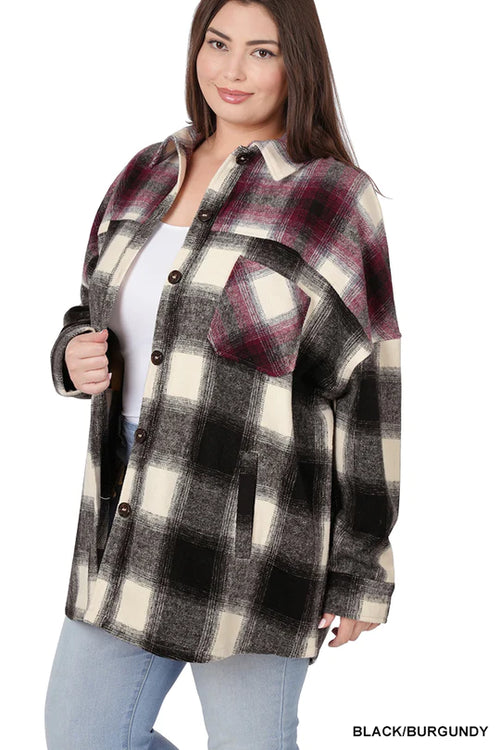 Zenana Oversized Color Block Plaid Longline Shacket With Pockets - Women's Shacket - Shirt Jacket - Flannel Plaid