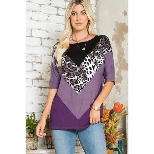 3/4 Sleeve Animal and Solid Colorblock Top