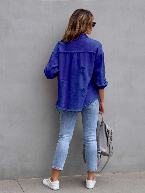 Get Ready to Rock: Distressed Drop Shoulder Denim Jacket in 8 Spring Colors!