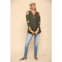 Plus Size Women's Cut Out V-Neck Olive Top - Plus Size - Women's Long Sleeve Tops