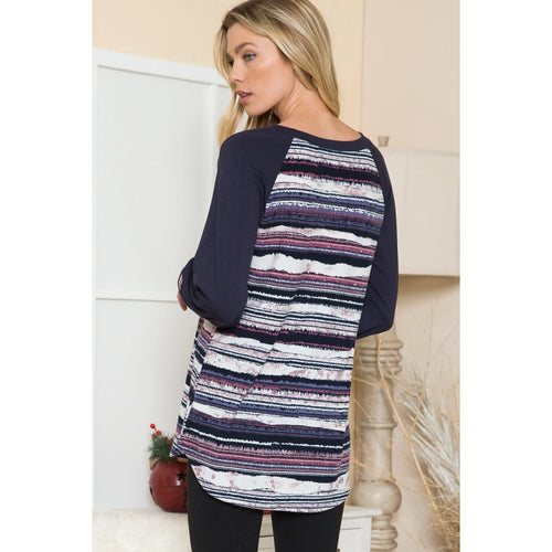 Striped Raglan Bishop Sleeve Detailed Top