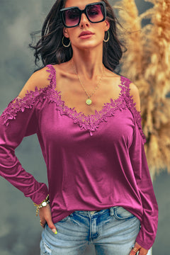 Lace Detail Cold Shoulder Long Sleeve Top In 4 Gorgeous Colors