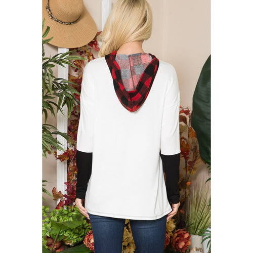 Ivory & Red Plaid Hooded Top