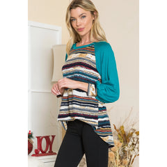 Striped Raglan Bishop Sleeve Detailed Top