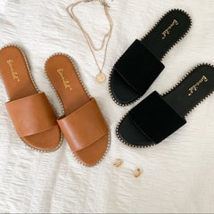 Tan Vegan Leather Studded Trim Slide Sandal - Bonnibel